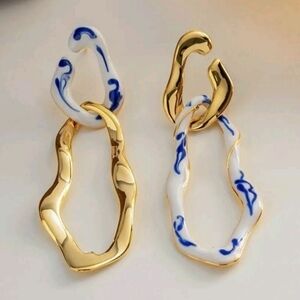 Anthropologie Gold Asymmetrical Blue & White Porcelain Earrings